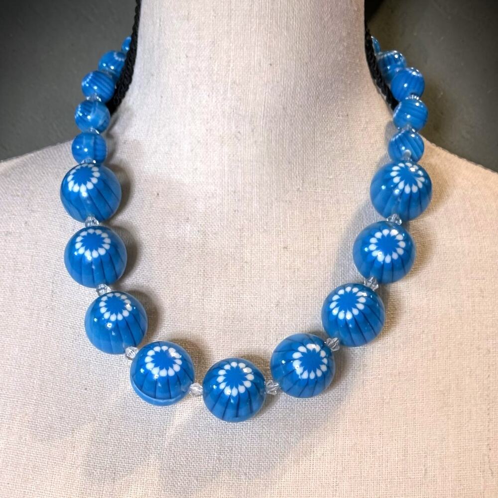 Vintage Blue Chunky Retro Acrylic/Lucite Necklace Milifori Type Boho Hippie 20” - Picture 3 of 6